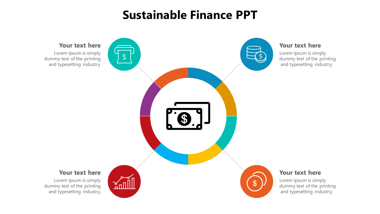 Colorful segmented circle with a central currency icon and four outer finance icons linked by thin lines to text blocks.