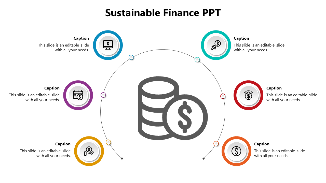 Circular financial with icons in blue, green, red, orange, yellow, and purple circles orbiting a coin stack and dollar sign.