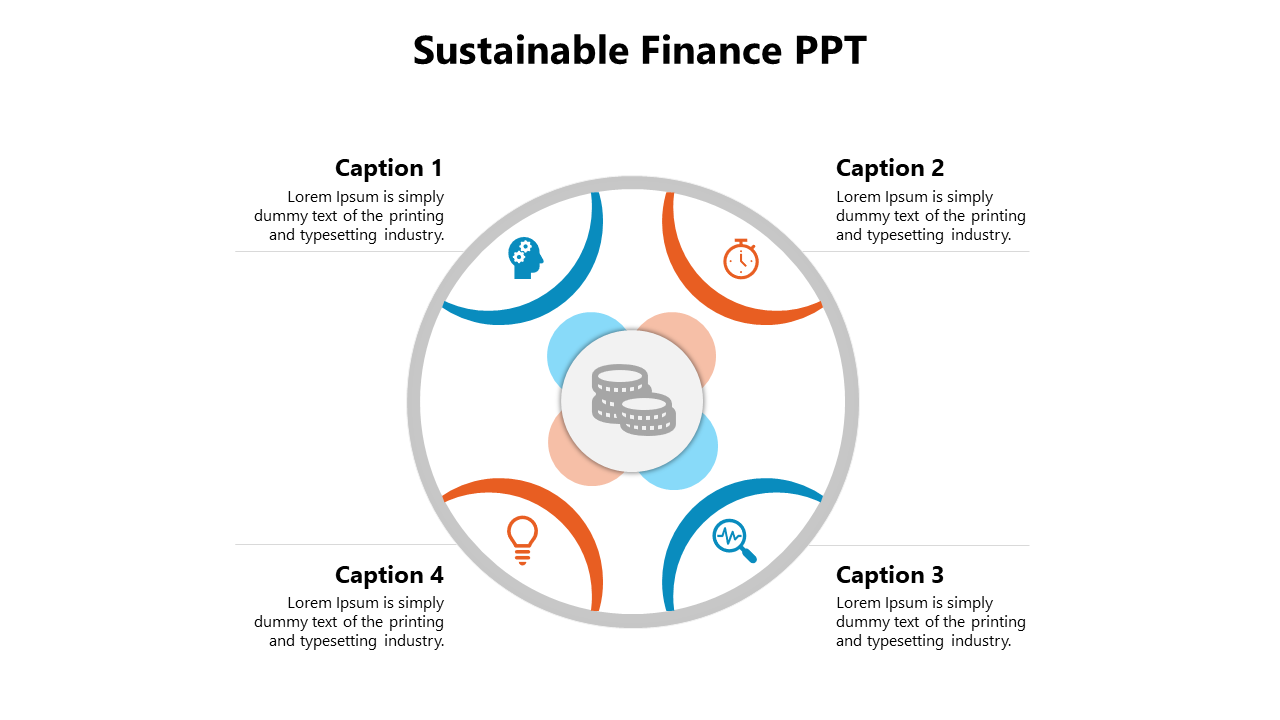 Center coin stack icon overlaid on blue and orange petal shapes, surrounded by four quadrant icons with text boxes.