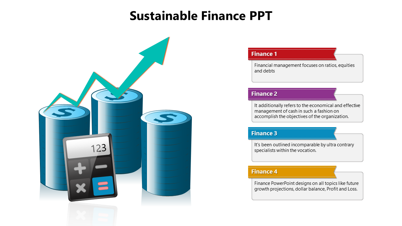 Three blue coin stacks with a rising arrow, a calculator in front, and four color-coded finance captions on the right.