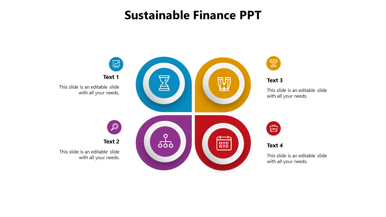 Four rounded square segments in blue, yellow, purple, and red with finance icons inside and matching text blocks beside each.