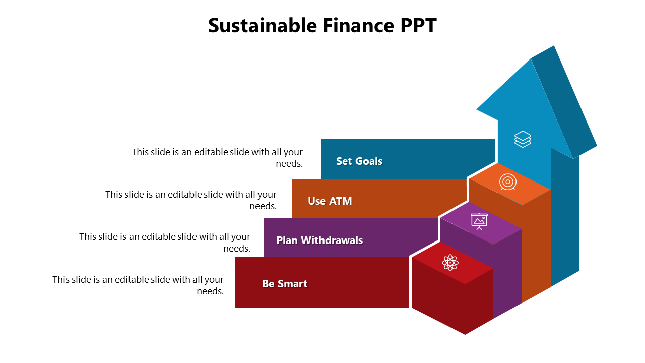 Step diagram with ascending red, purple, orange, and blue blocks featuring finance icons and upward arrow extension.