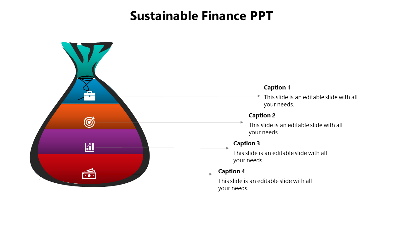 Infographic shaped like a tied sack with business icons across blue, orange, purple, and red bands, labeled with captions.