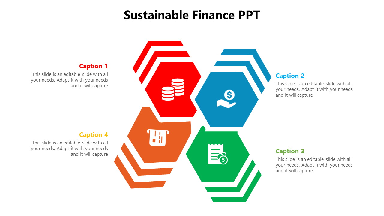 Hexagon infographic with four colored sections featuring finance icons like coins and bills, each linked to a caption.