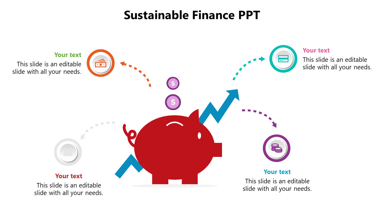 Finance infographic showing a piggy bank, growth arrow, and curved arrows linking to five financial icons.
