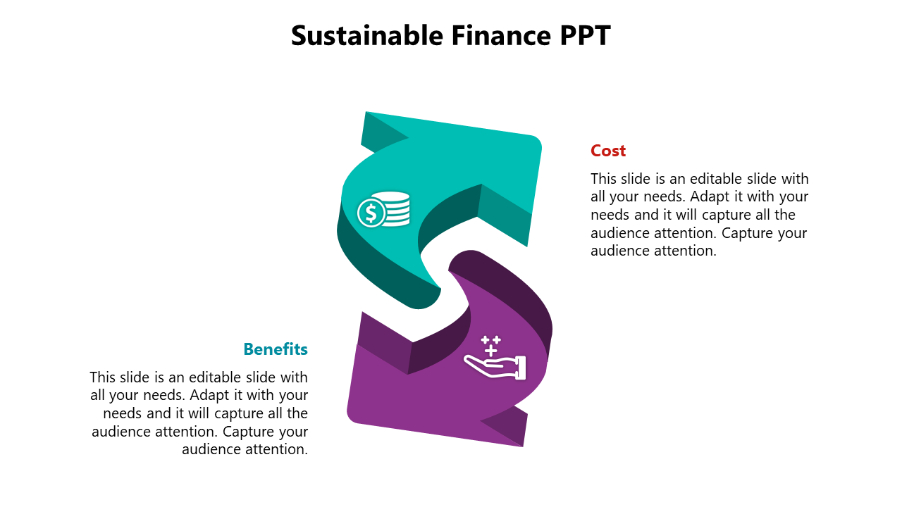 3D arrows illustrating financial cycle, with cost and benefits sections featuring dollar coins and hand graphics.