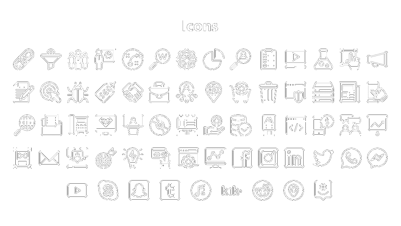 Icon set featuring magnifying glasses, pie charts, clipboards, graphs, and logos of Facebook, Twitter, and LinkedIn.