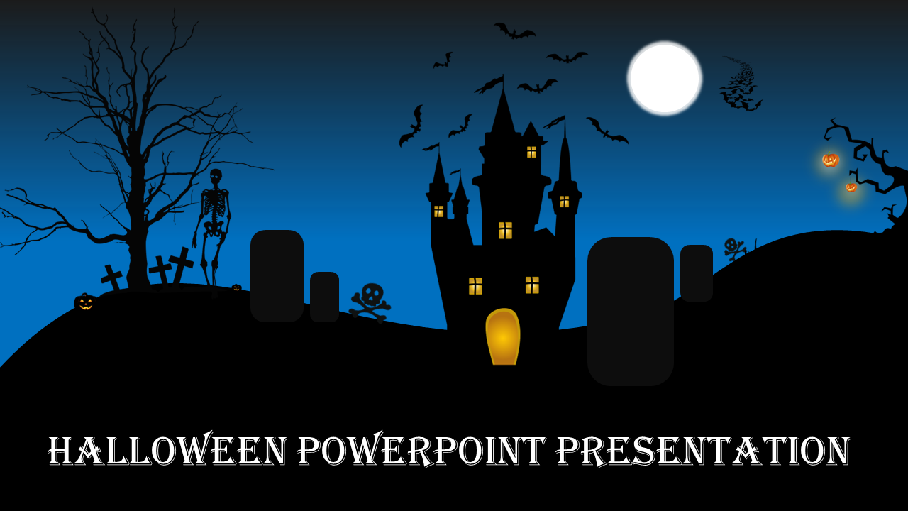 Silhouetted graveyard with haunted castle, full moon, flying bats, and glowing pumpkins, with title text below.