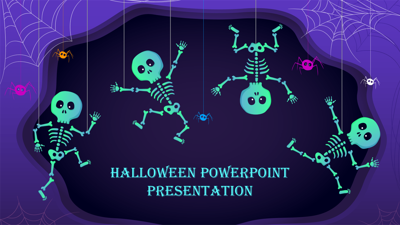 Decorative slide with skeletons hanging like puppets, spider webs in the corners, and bold blue title text.