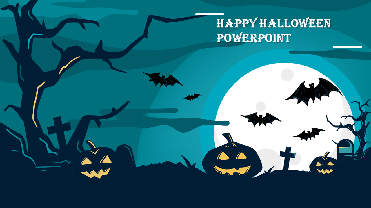 Halloween night landscape with pumpkins flying bats circling a full moon, dead trees, and gravestones in deep teal tones.