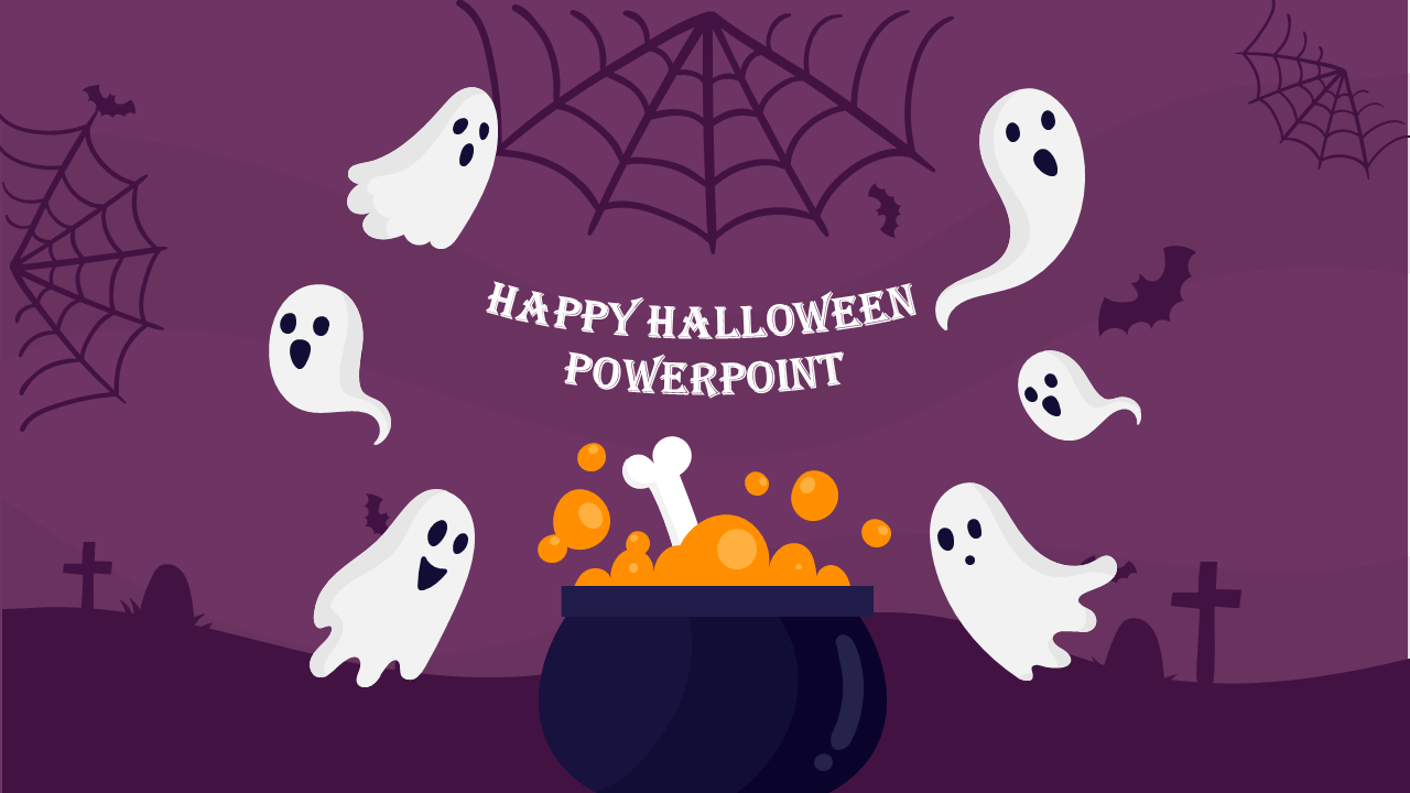 Spooky slide with cute ghosts, orange bubbles rising from a black cauldron, spider webs in corners, and graveyard details.