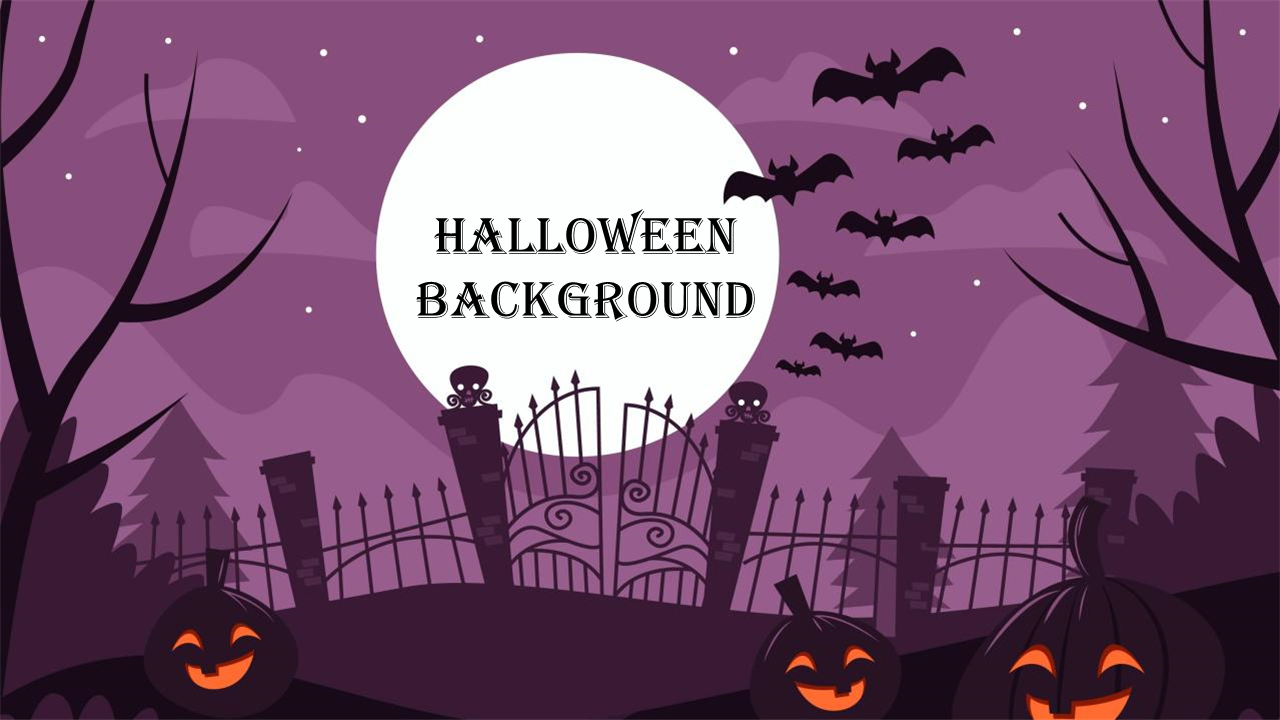Halloween background featuring a haunted gate, glowing pumpkins, silhouetted trees, and bats against a full moon.