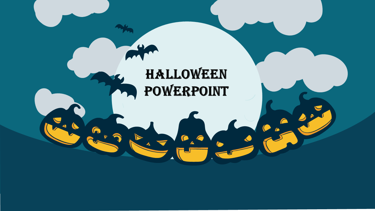 Halloween slide with dark jack-o'-lanterns lined up in front of a full moon, bats flying, and clouds on a teal background.