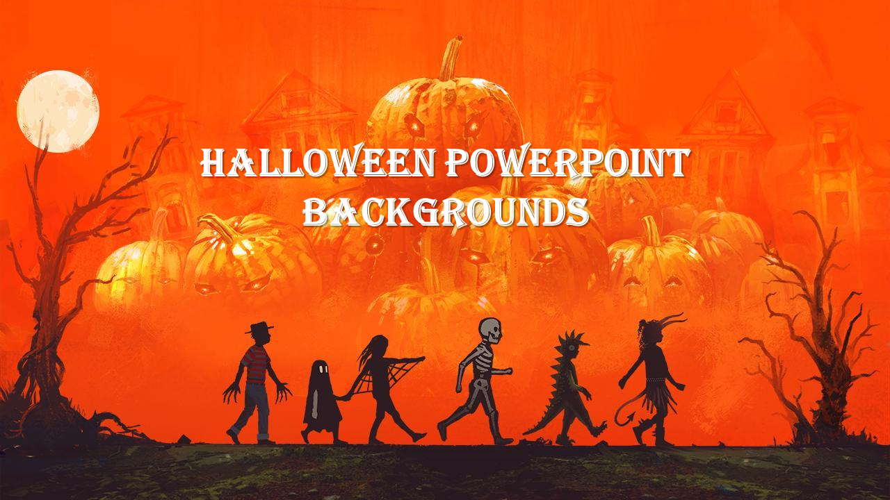 Orange Halloween background with giant glowing pumpkins, haunted houses, full moon, and silhouettes of kids in costumes.