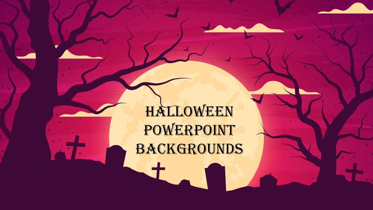 Spooky landscape featuring dark silhouettes of trees and gravestones against a glowing yellow moon and red sky.