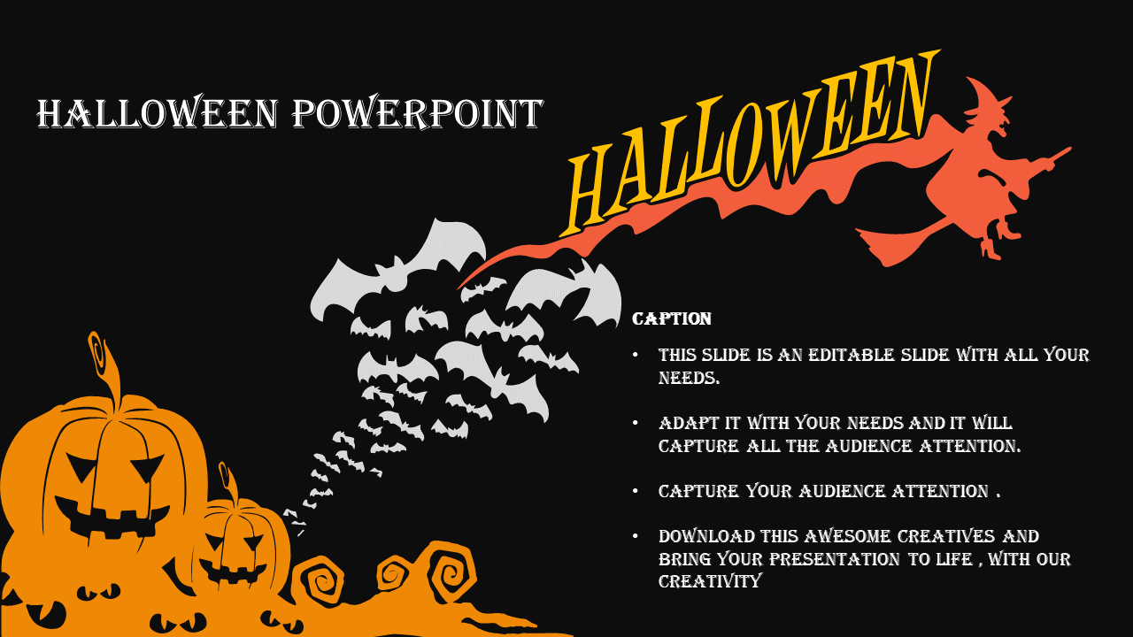 Cartoon style Halloween layout with jack-o'-lanterns, caption text and bats surrounding a witch flying across the title.