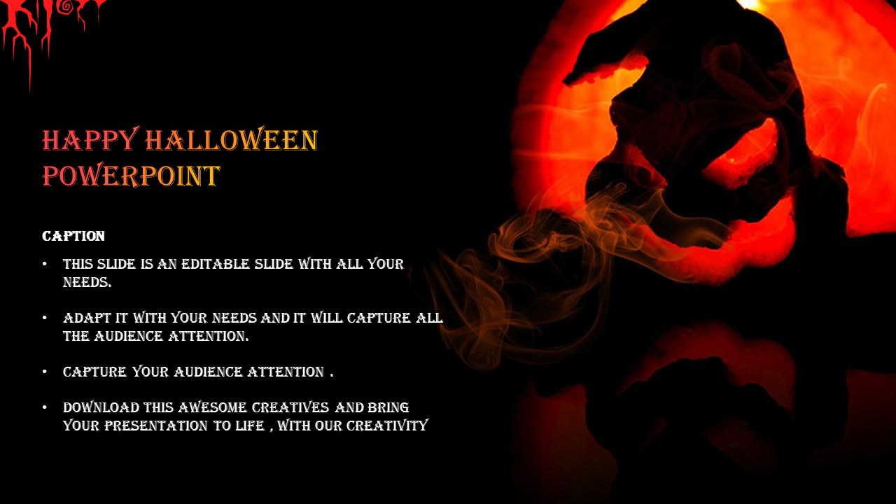 Dramatic Halloween design with sinister glowing pumpkin, dark shadows, and text area for presentation notes or captions.