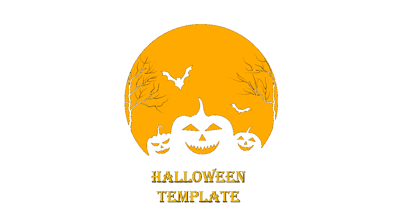 Halloween template with eerie black pumpkins, bats flying across a bright orange moon, and spooky tree silhouettes.