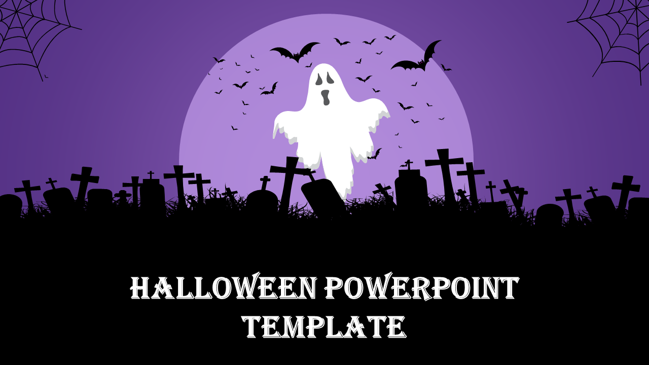 Halloween background featuring a ghostly figure, bats in flight, crosses and gravestones, all under a purple moonlit sky.
