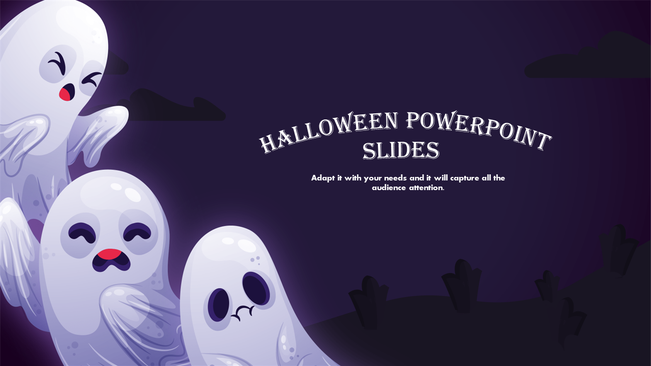 Purple Halloween background with cartoon ghosts emerging from the left side, silhouetted graves, and title text centered.