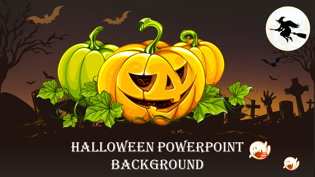 Colorful Halloween background showing smiling pumpkin, tombstones, bats, and full moon with witch on broomstick.