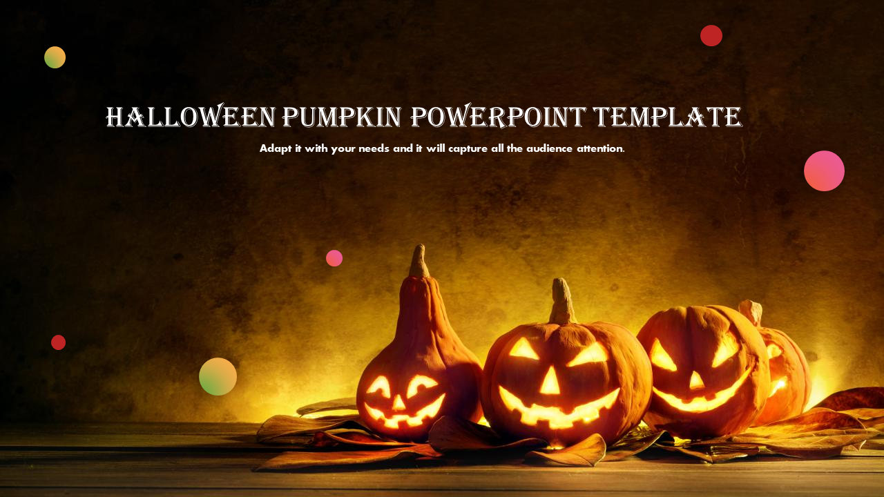 Halloween scene with three lit pumpkins, moody dark background, colorful floating circles, and editable text at the top.