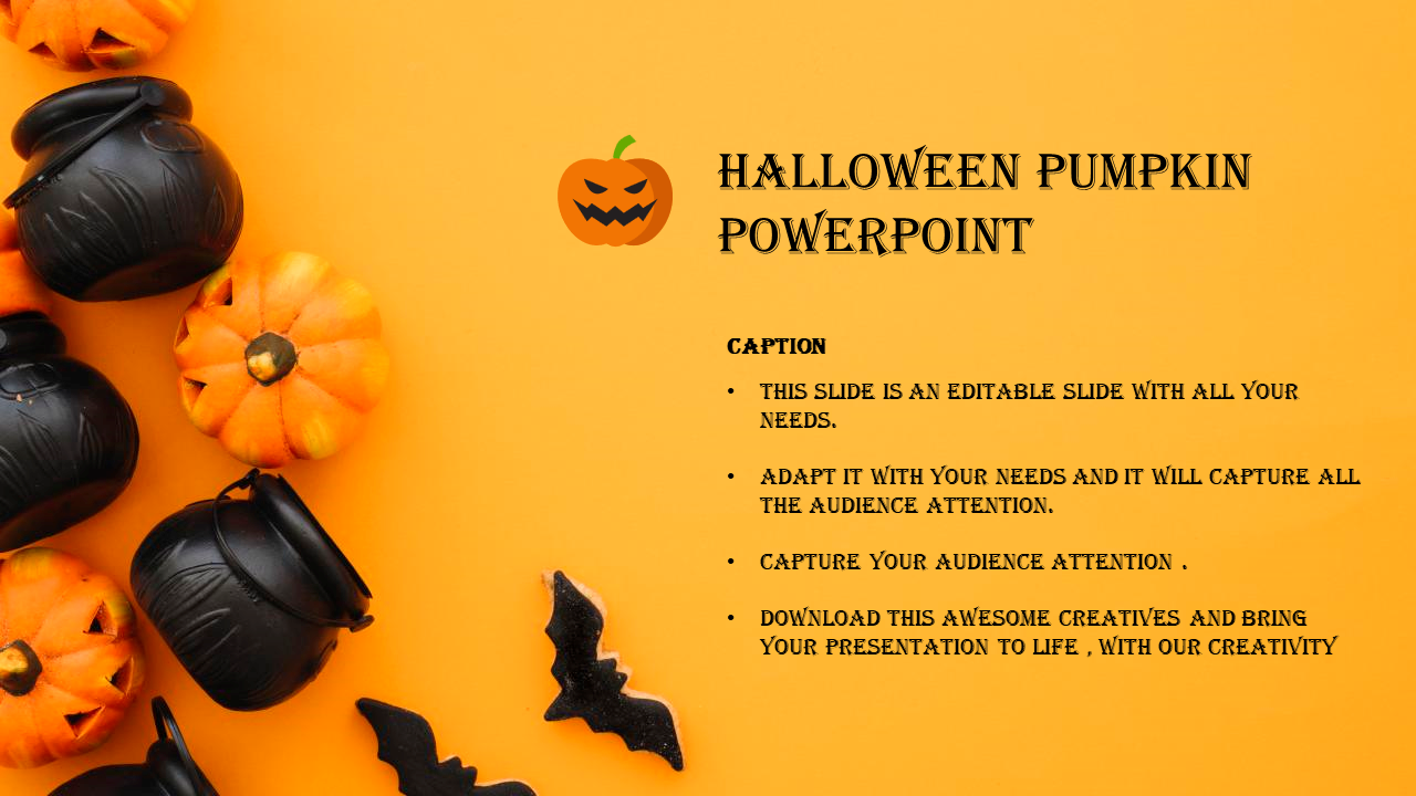 Festive flat lay design featuring pumpkins, mini black pots, and bats on an orange background with title and bullet points.