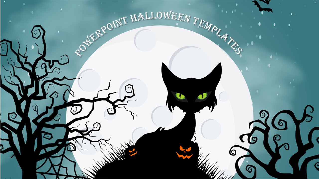 Creepy cartoon style background with a black cat in front of the moon, surrounded by leafless trees and decorations.