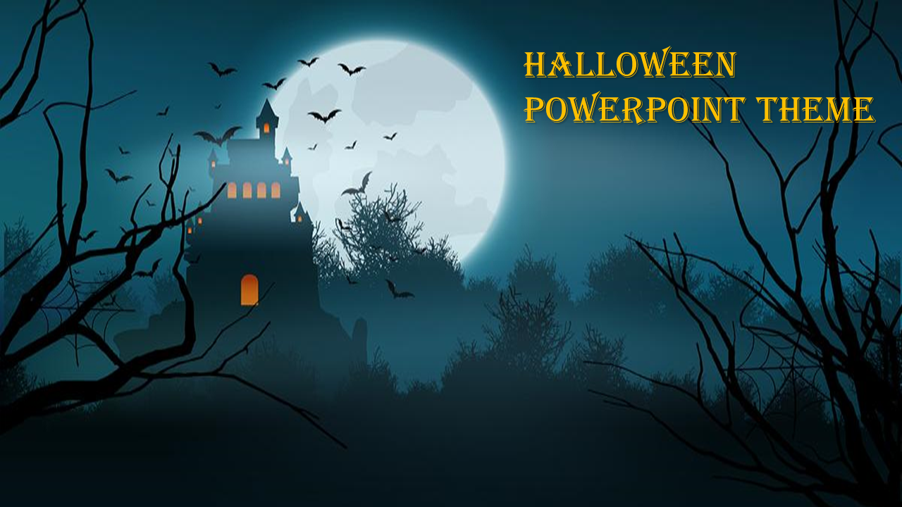Foggy forest scene with castle tower, bats circling the moon, twisted branches, and bold yellow Halloween title.
