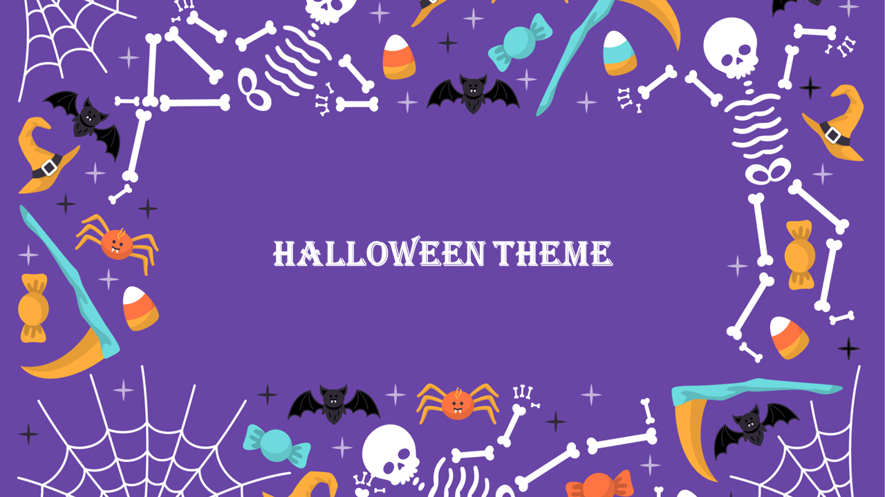 Colorful border design featuring bones, bats, candy corn, witch accessories, and spiders around a  space with title text.