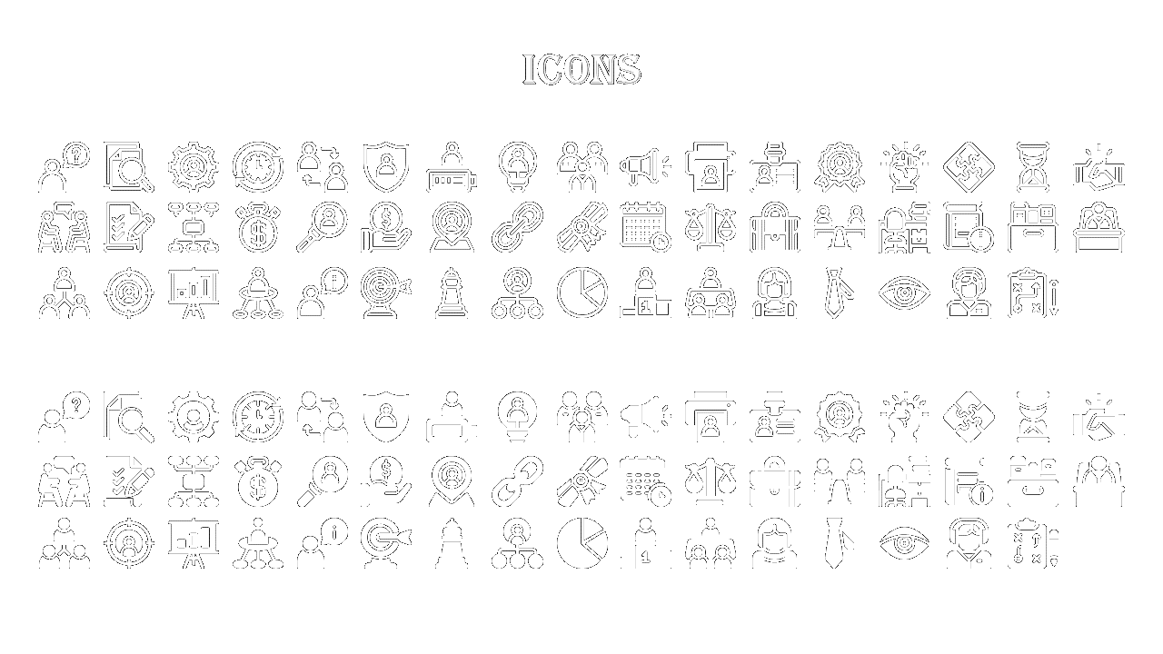 Black background with two rows of white business and icons, including people, graphs, gears, charts, and briefcases.