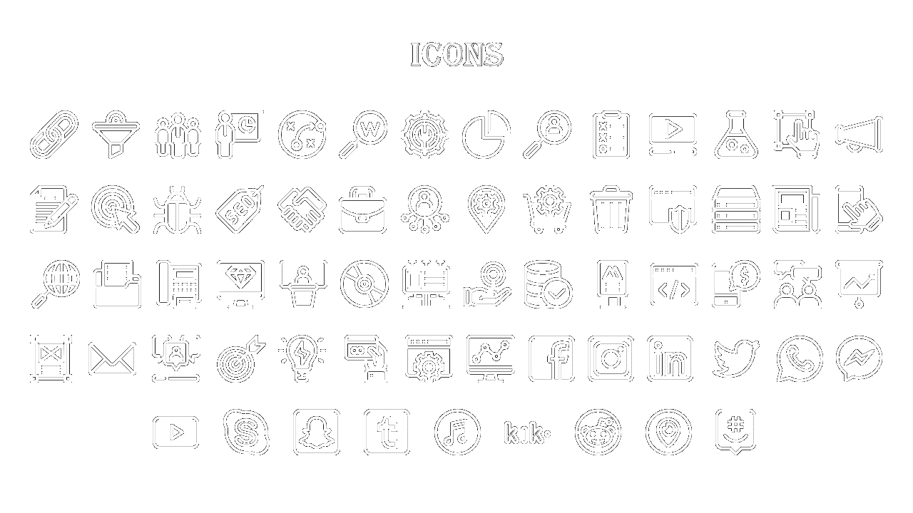 Collection of minimalist white icons covering communication, web tools, team management, and various social media services.