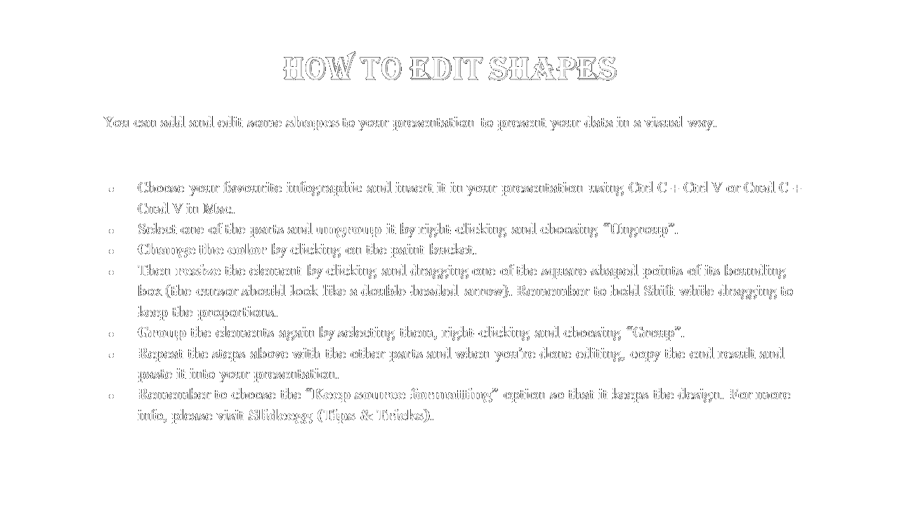 Tutorial slide with black background explaining shape editing in PowerPoint, including resizing tips and formatting options.