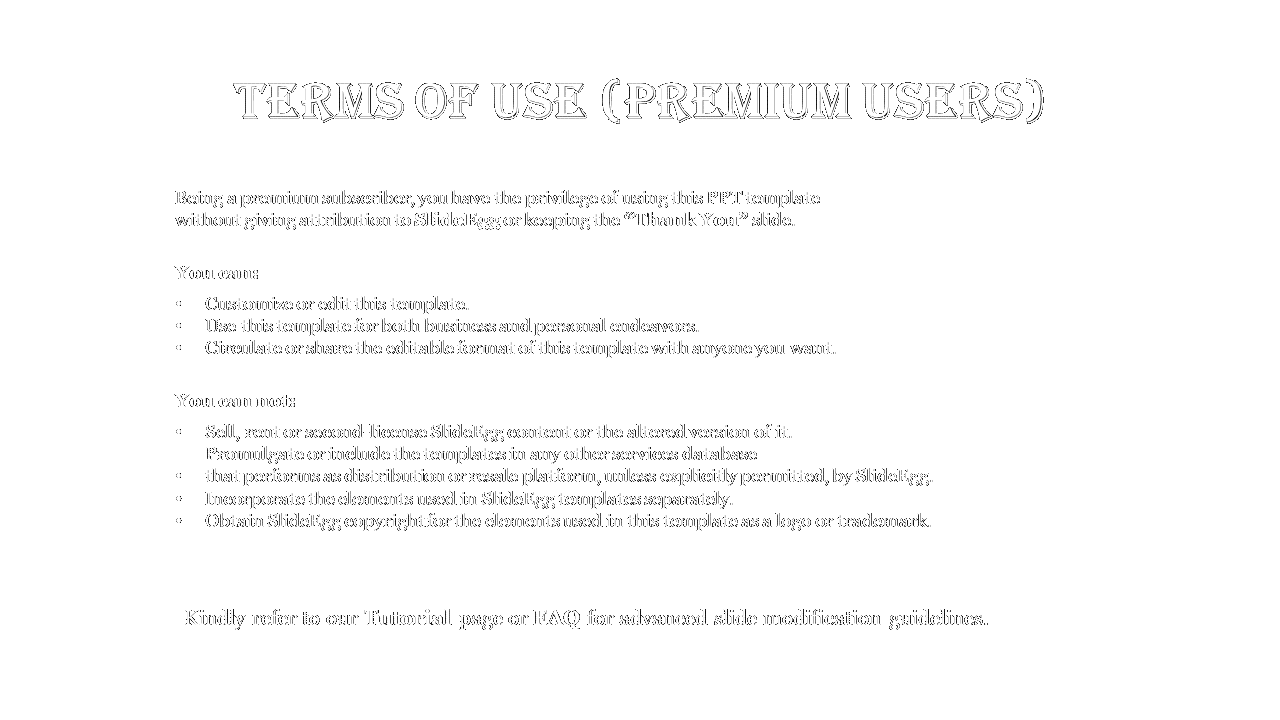 Black background slide with white serif text outlining usage rights for SlideEgg premium subscribers.