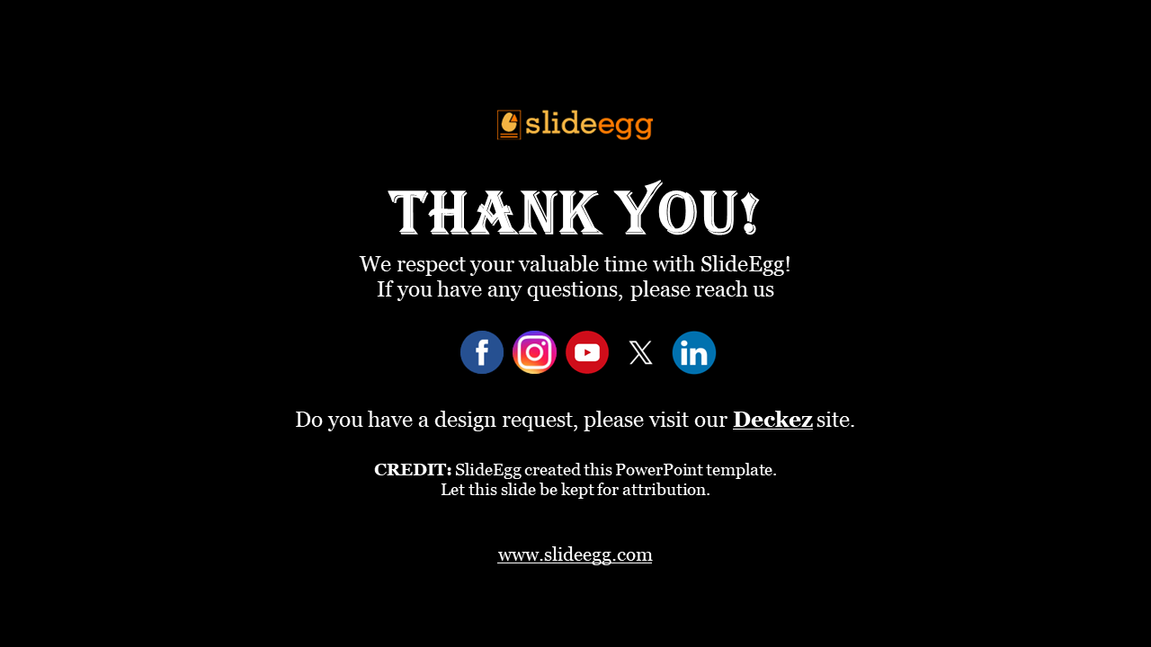 Thank you message slide featuring social media contact options and a link to the SlideEgg and Deckez sites.