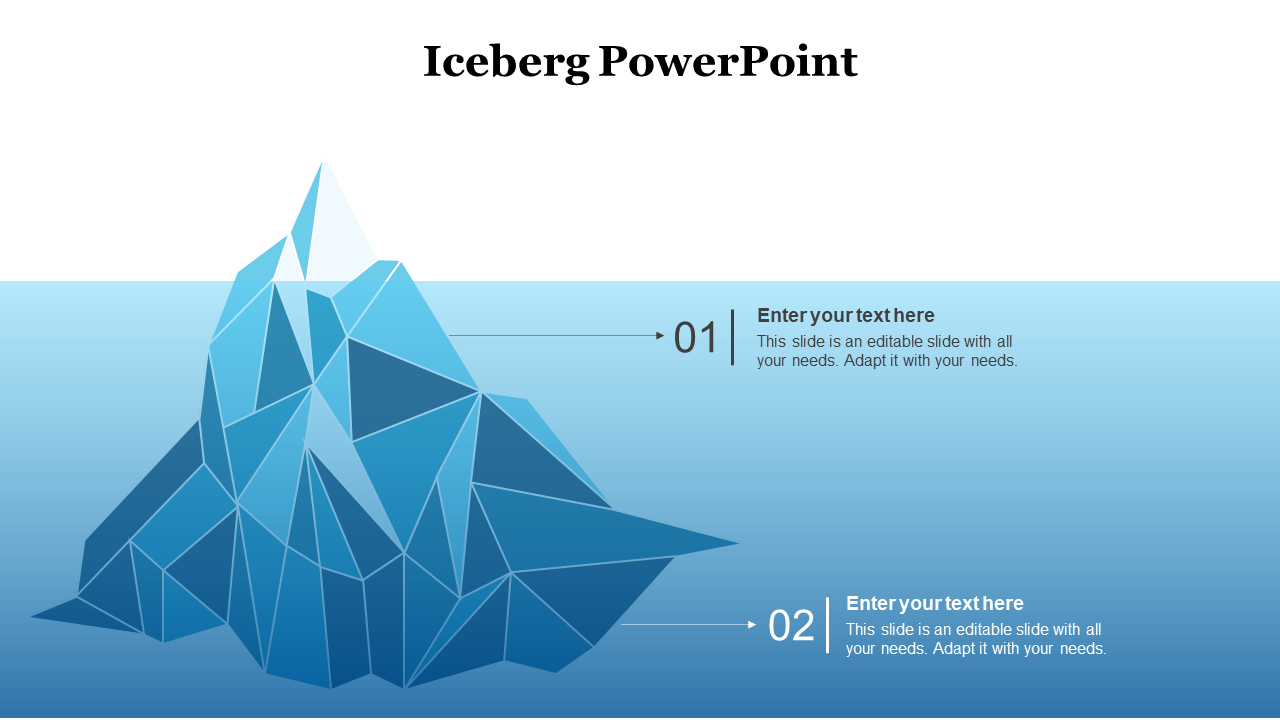 Abstract iceberg illustration showing two data points with arrows and caption boxes on a gradient ocean backdrop.
