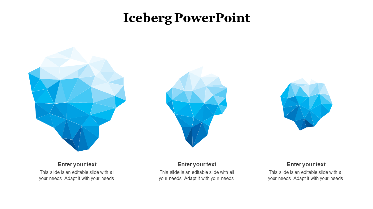 Blue geometric iceberg illustrations in small, medium, and large sizes with placeholder text beneath.