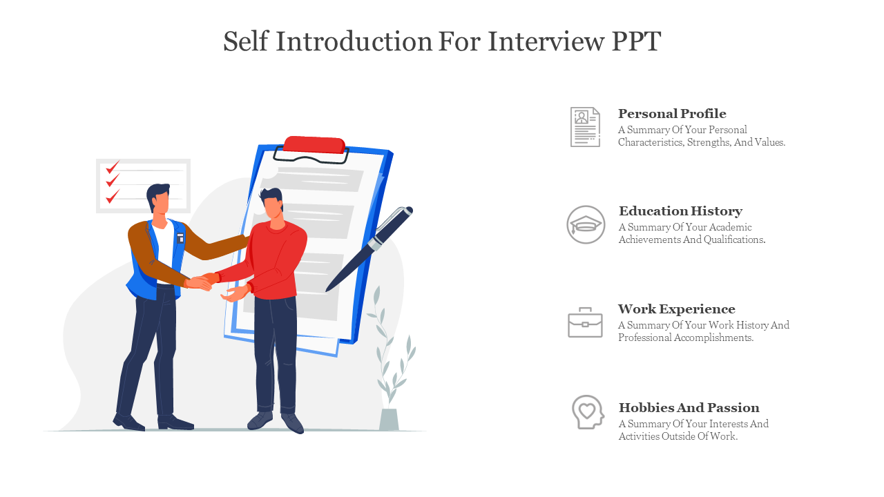 Interview slide with checklist and handshake illustration, and four gray outlined icons representing different sections. 
