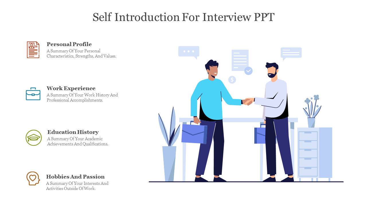 Self introduction slide showing handshake illustration between two professionals, with colorful icons and descriptions.