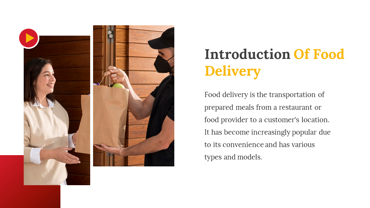Two people exchanging a food delivery bag at a doorway, with a red and white background and a play button icon.