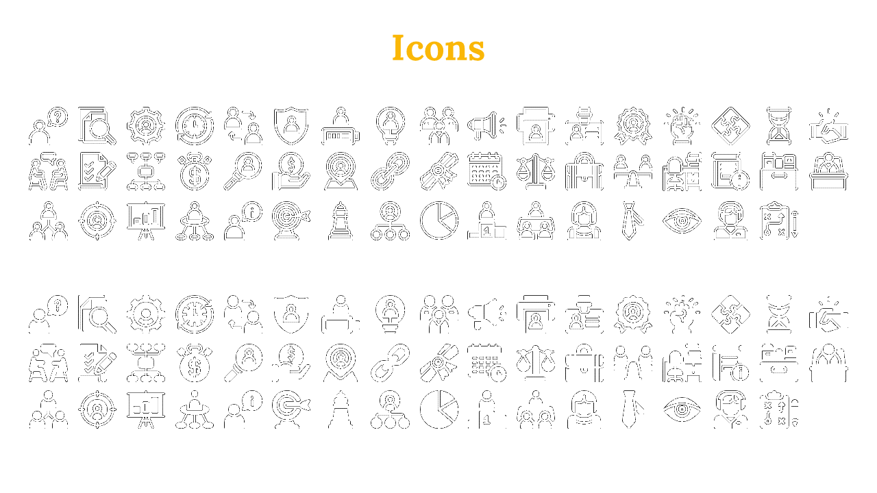 A collection of black icons, including symbols for people, documents, charts, gears, and various business and work themes.