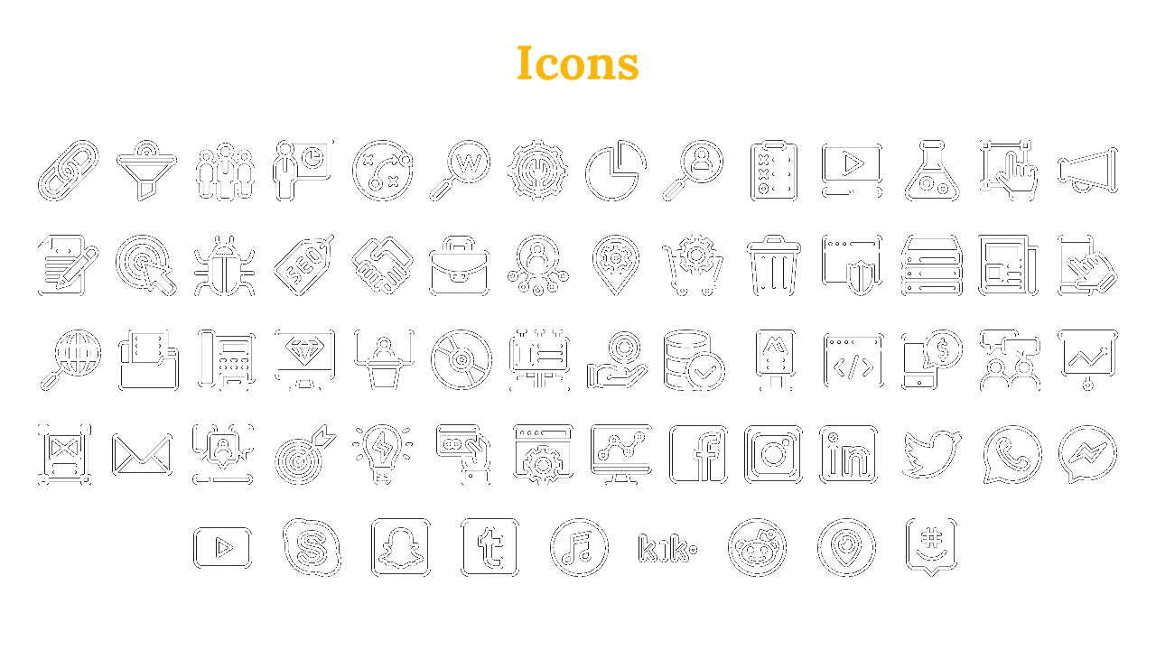 Array of black icon representing concepts such as SEO, social media, communication tools, data analysis, and online services.
