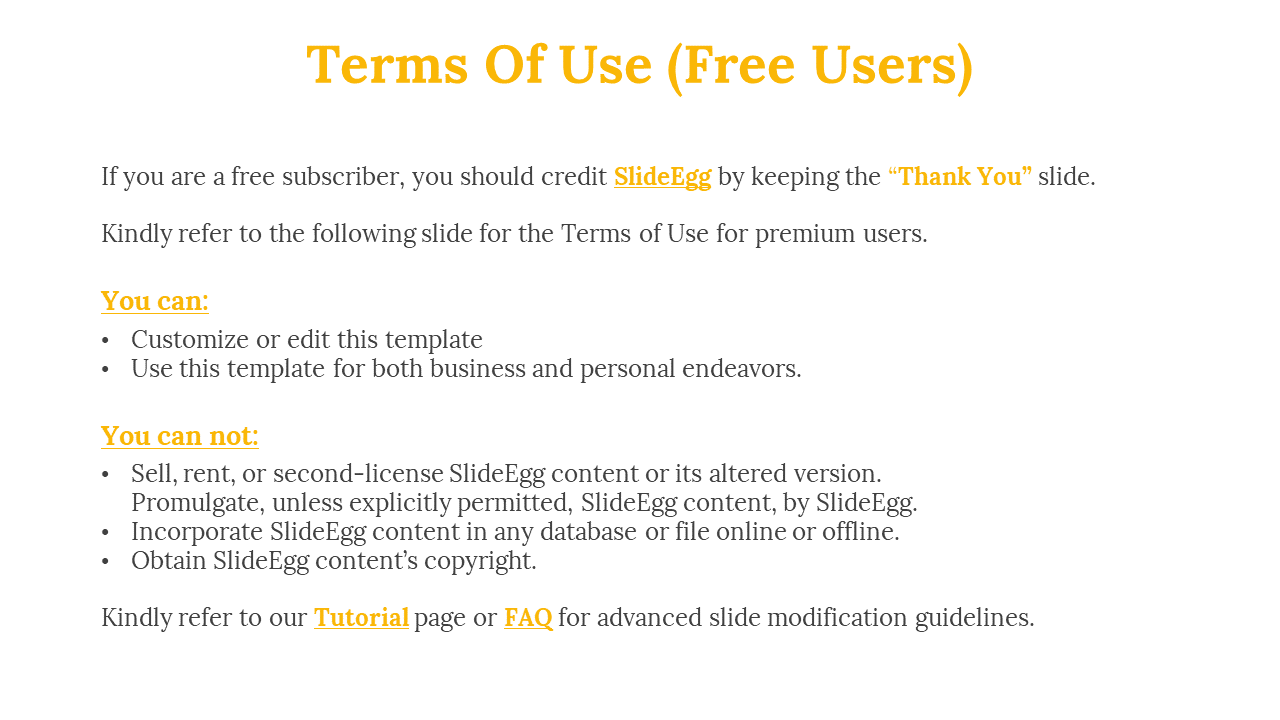 Instructional slide for free users, the terms of use, including customization rights, restrictions, and credits for SlideEgg.