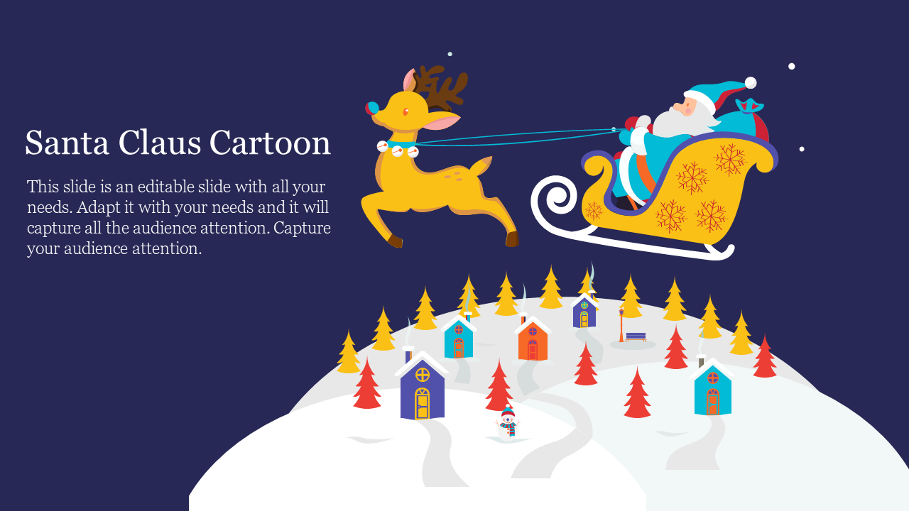 Santa Claus in a sleigh being pulled by a reindeer, flying over a snowy landscape with houses and trees, with a description.