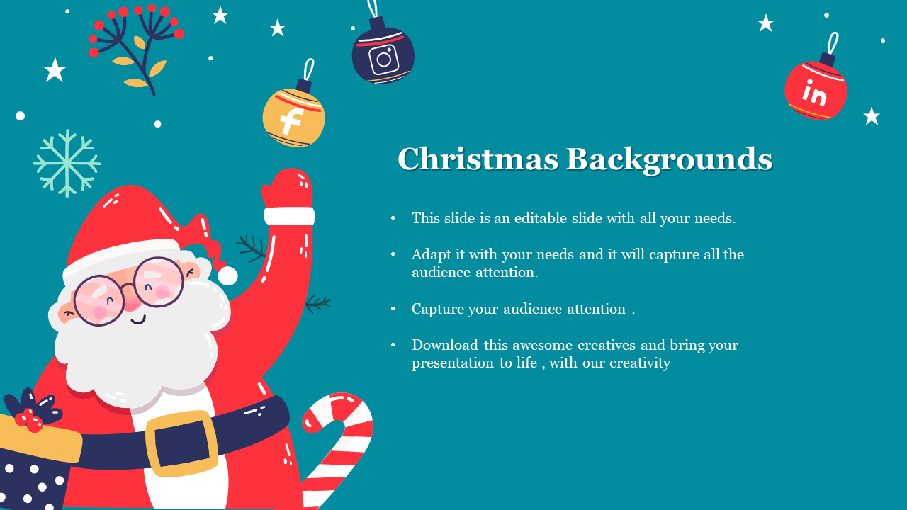 Christmas themed slide featuring Santa Claus, candy canes, and social media icons, with text describing the slide’s features.
