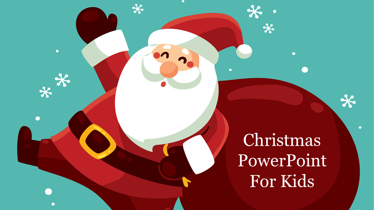 Santa Claus cartoon character with a red sack, waving, set against a turquoise background with snowflakes.