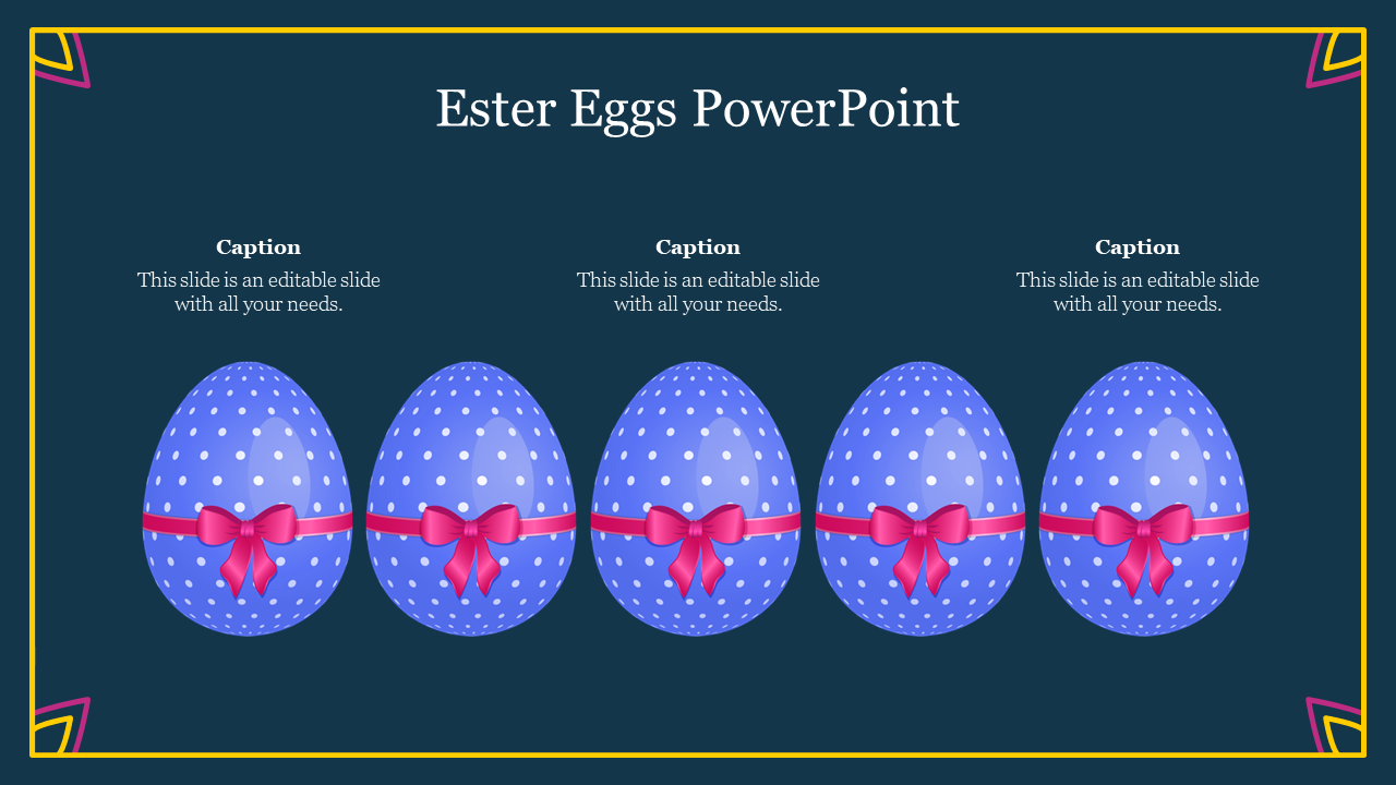 Slide featuring five decorated Easter eggs with pink ribbons, set against a dark background, with placeholders text areas.