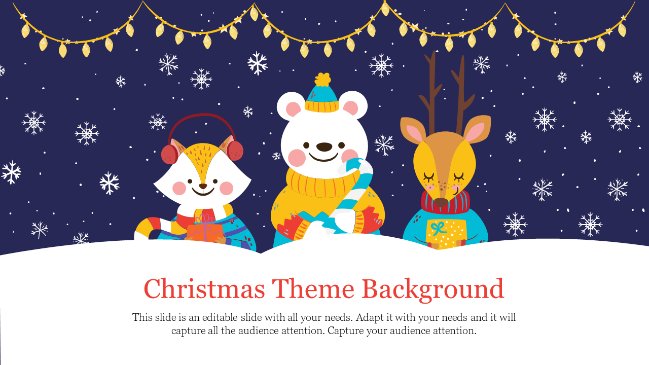 Christmas background with three animals dressed in winter clothes and holding gifts, surrounded by snowflakes and lights.