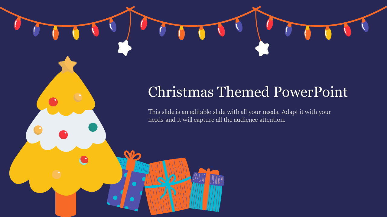 Festive slide featuring a Christmas tree, presents, and decorative lights, with text for customizing the slide content.