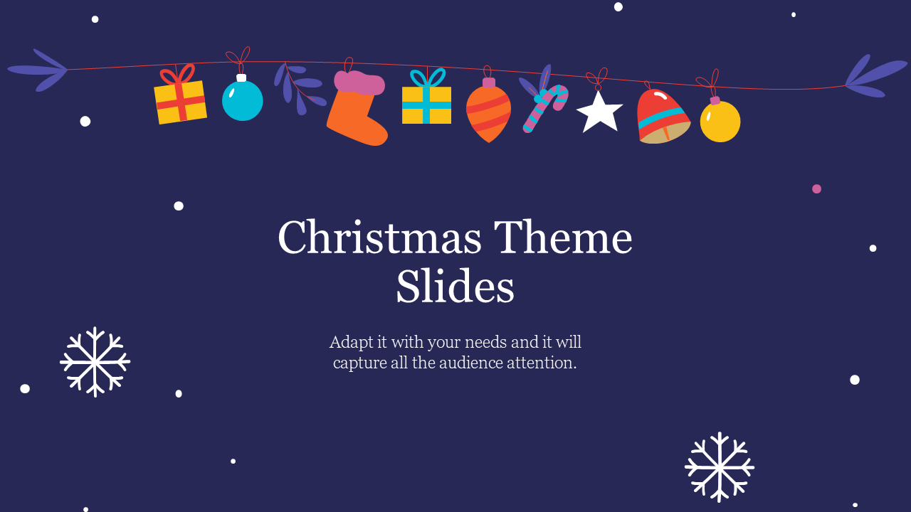Christmas themed PowerPoint slide with hanging decorations and snowflakes, offering an  caption for customization.